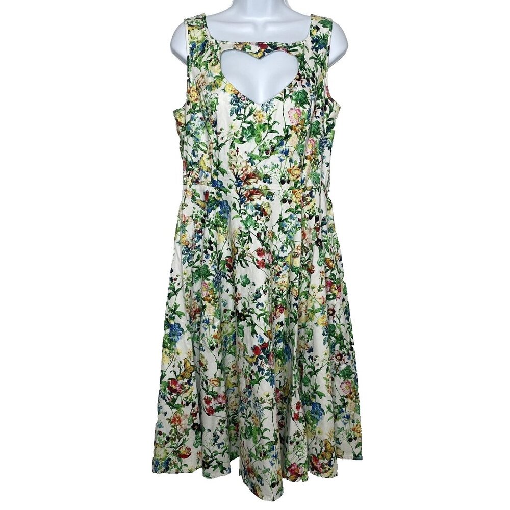 Hearts & Roses Green Garden Swing Dress Size 12 Floral Butterfly Heart Cutout